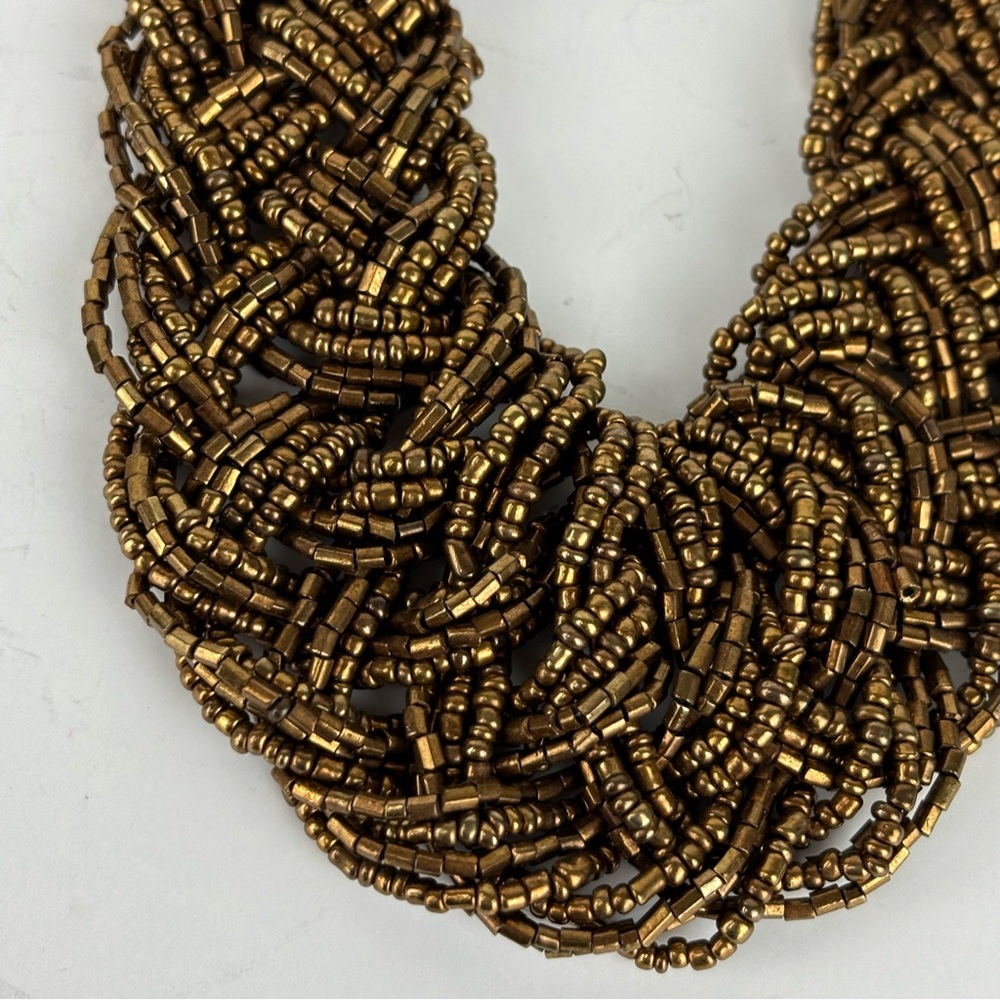 Woven Metallic Beaded Statement Necklace - Bronze-Tone - Picture 5 of 7